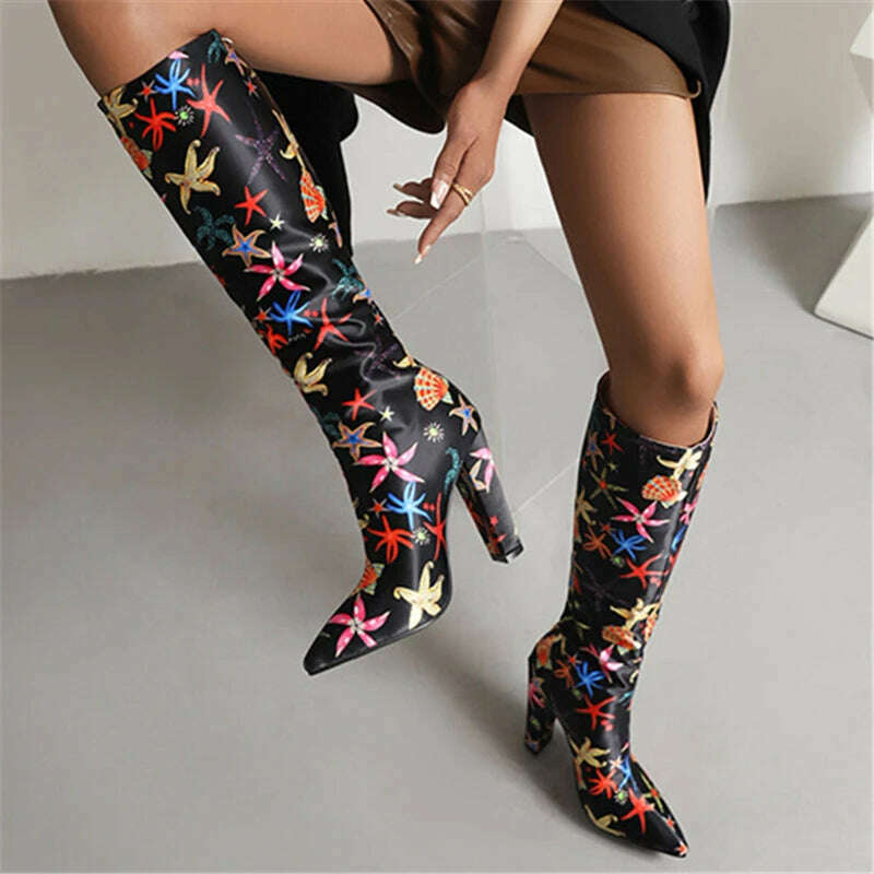 KIMLUD, Mixed Color Printed Pattern Super High Heels Thigh High Boots Side Zipper Women Ankle Boots Soft Sole Street Style Knee Boots, KIMLUD Womens Clothes