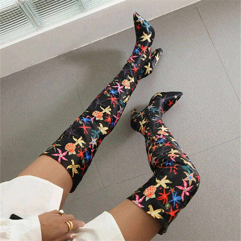 KIMLUD, Mixed Color Printed Pattern Super High Heels Thigh High Boots Side Zipper Women Ankle Boots Soft Sole Street Style Knee Boots, KIMLUD Womens Clothes