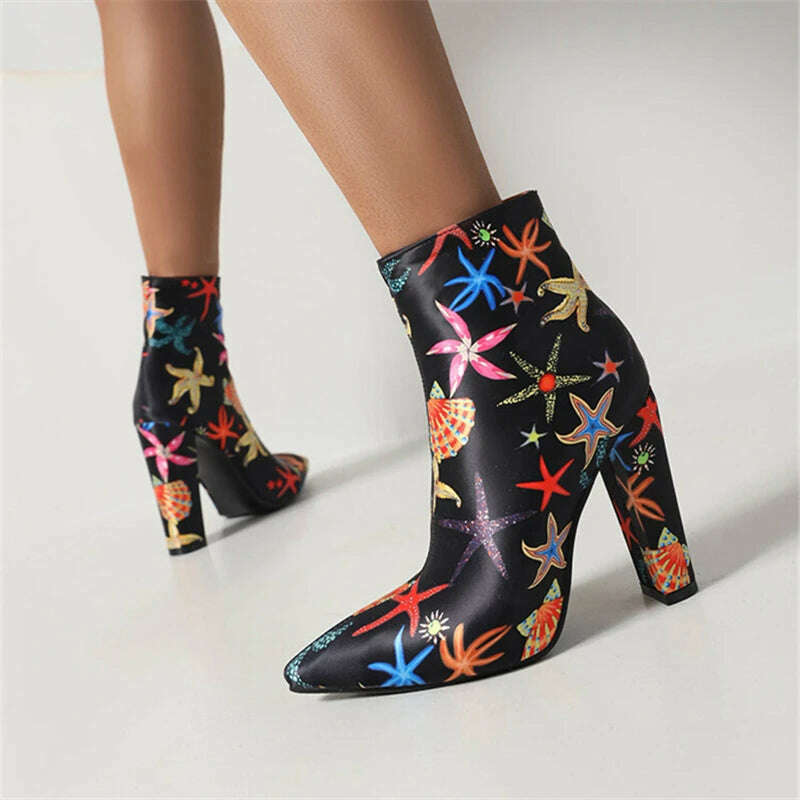 KIMLUD, Mixed Color Printed Pattern Super High Heels Thigh High Boots Side Zipper Women Ankle Boots Soft Sole Street Style Knee Boots, KIMLUD Womens Clothes