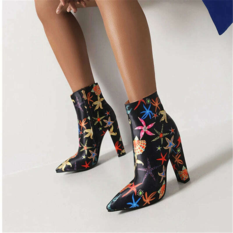 KIMLUD, Mixed Color Printed Pattern Super High Heels Thigh High Boots Side Zipper Women Ankle Boots Soft Sole Street Style Knee Boots, KIMLUD Womens Clothes