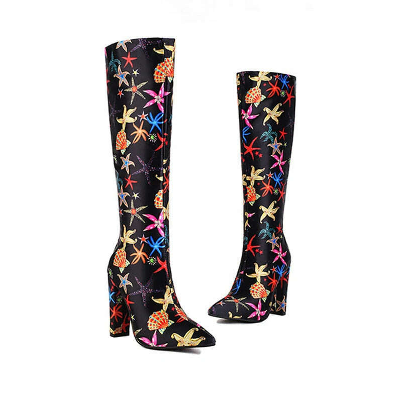 KIMLUD, Mixed Color Printed Pattern Super High Heels Thigh High Boots Side Zipper Women Ankle Boots Soft Sole Street Style Knee Boots, black height 38cm / 34 / CHINA, KIMLUD Womens Clothes