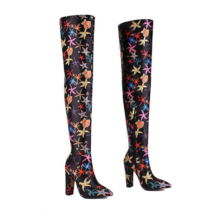 KIMLUD, Mixed Color Printed Pattern Super High Heels Thigh High Boots Side Zipper Women Ankle Boots Soft Sole Street Style Knee Boots, black height 63cm / 34 / CHINA, KIMLUD Womens Clothes
