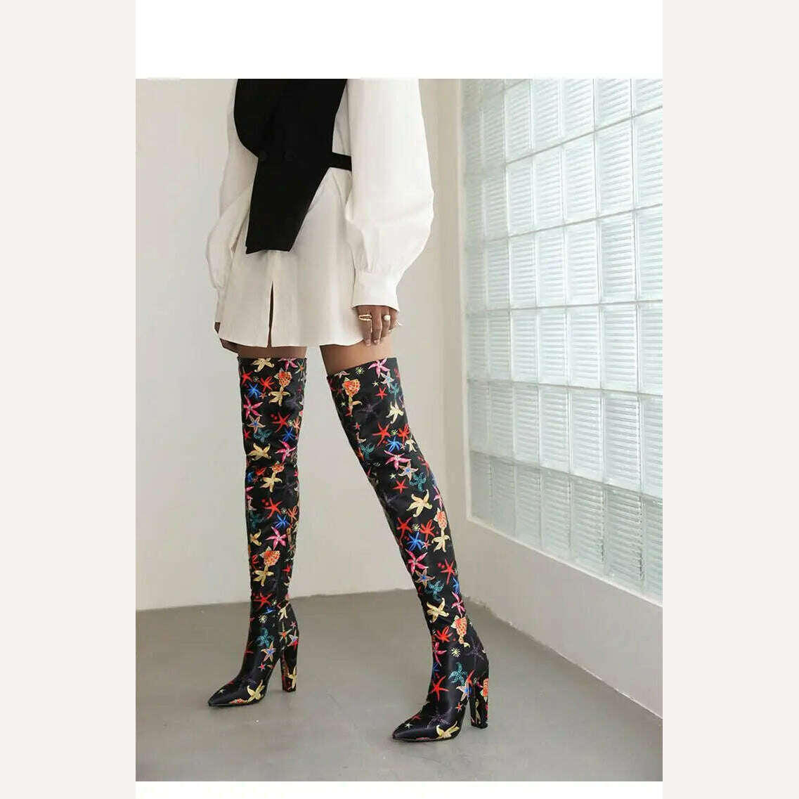 KIMLUD, Mixed Color Printed Pattern Super High Heels Thigh High Boots Side Zipper Women Ankle Boots Soft Sole Street Style Knee Boots, KIMLUD Womens Clothes