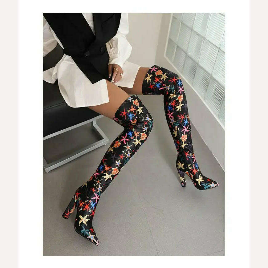 KIMLUD, Mixed Color Printed Pattern Super High Heels Thigh High Boots Side Zipper Women Ankle Boots Soft Sole Street Style Knee Boots, KIMLUD Womens Clothes