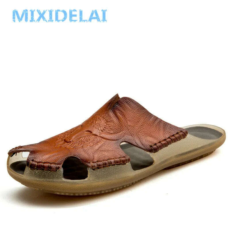 KIMLUD, MIXIDELAI New Quality Leather Non-Slip Slippers Men Beach Sandals Comfortable Summer Shoes Men Slippers Classics Men Flip Flops, KIMLUD Women's Clothes
