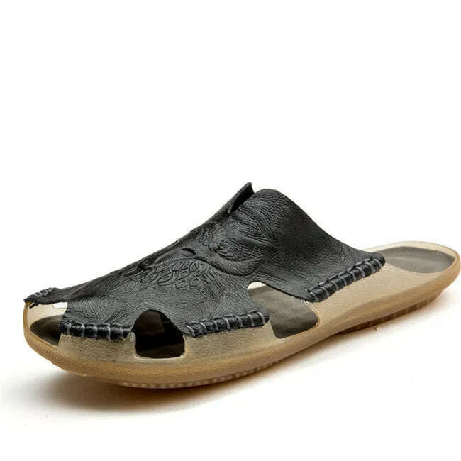 KIMLUD, MIXIDELAI New Quality Leather Non-Slip Slippers Men Beach Sandals Comfortable Summer Shoes Men Slippers Classics Men Flip Flops, black 01 / 6.5, KIMLUD Womens Clothes
