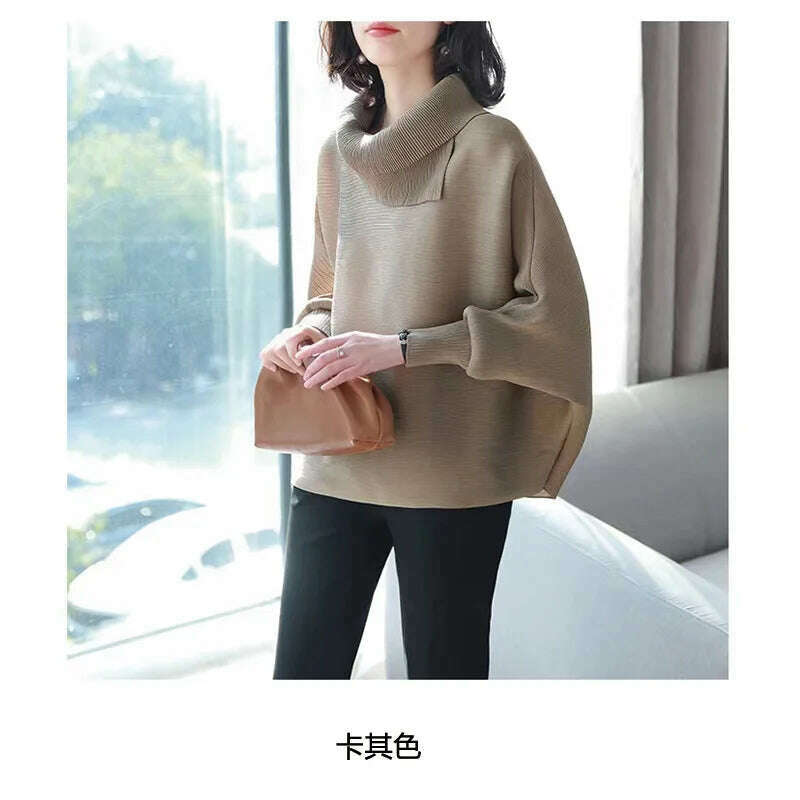 KIMLUD, Miyake Folds Fashion Temperament Lapel Bat Sleeve Solid Color Shirt Loose and Thin Western Style All-match Age Reduction Female, E / One Size, KIMLUD Women's Clothes