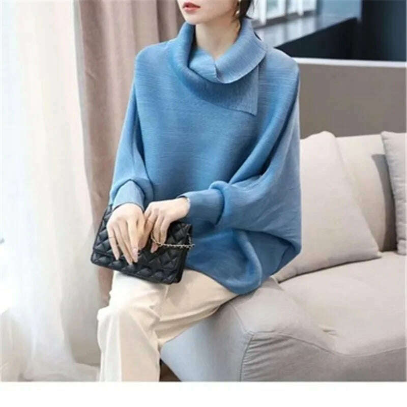 KIMLUD, Miyake Folds Fashion Temperament Lapel Bat Sleeve Solid Color Shirt Loose and Thin Western Style All-match Age Reduction Female, D / One Size, KIMLUD Women's Clothes