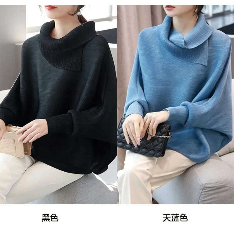 KIMLUD, Miyake Folds Fashion Temperament Lapel Bat Sleeve Solid Color Shirt Loose and Thin Western Style All-match Age Reduction Female, KIMLUD Womens Clothes