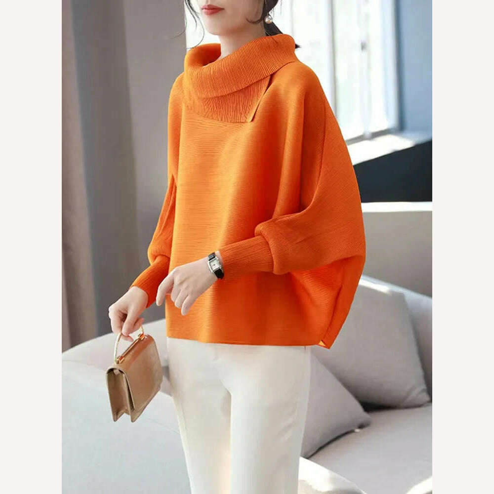 KIMLUD, Miyake Folds Fashion Temperament Lapel Bat Sleeve Solid Color Shirt Loose and Thin Western Style All-match Age Reduction Female, KIMLUD Women's Clothes