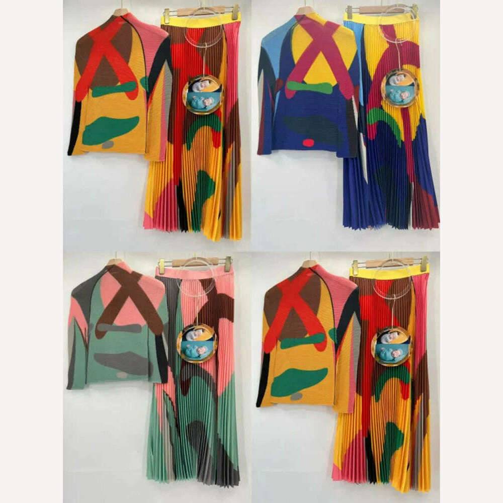 KIMLUD, Miyake Pleated 2 Piece Sets Color Block Women Elegant Long Sleeve Top A-line Elastic Waist Skirt Autumn Holiday Clothes, KIMLUD Women's Clothes