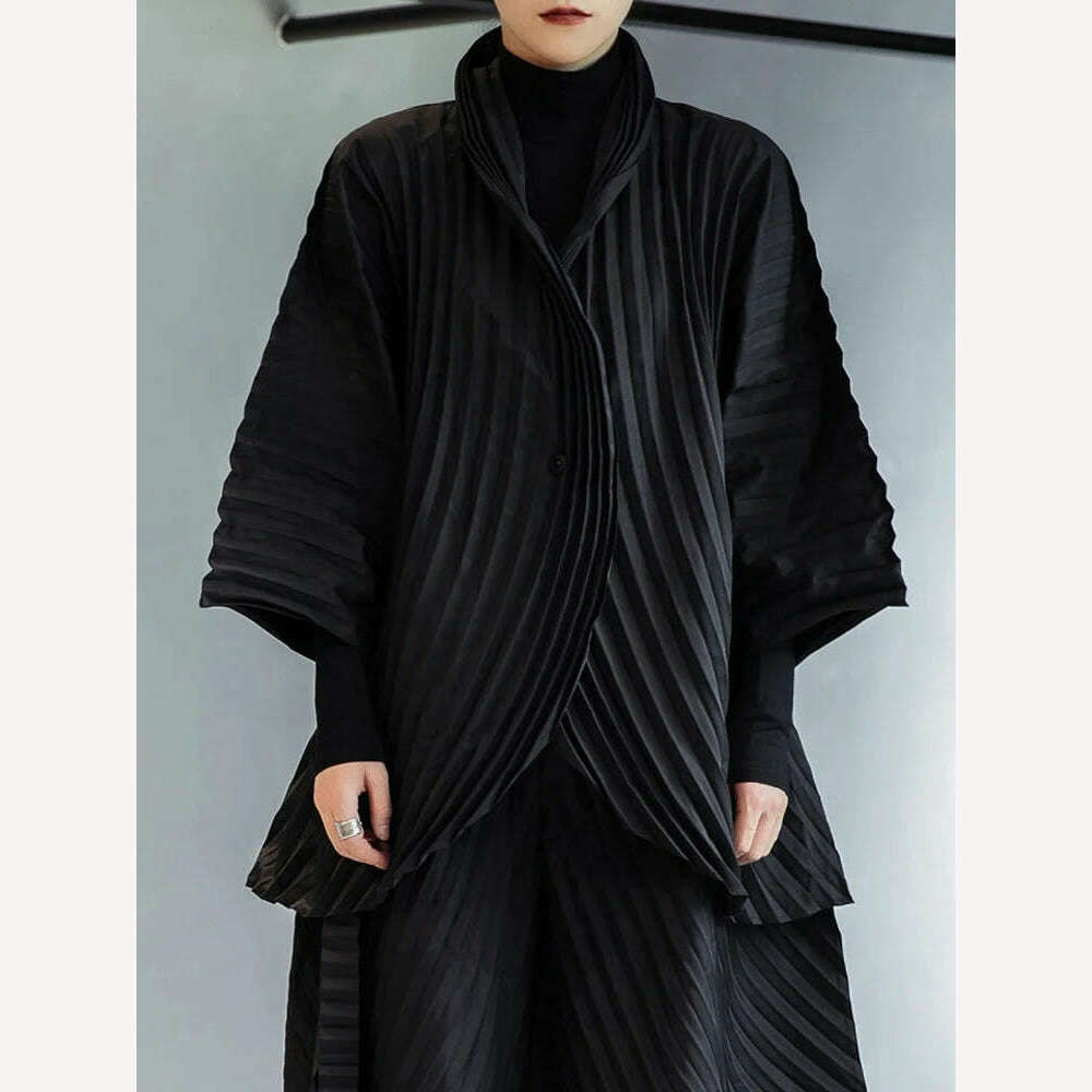 KIMLUD, Miyake Pleated Black Shirts For Women 2023 Summer Fashion Three Quarter Sleeve Lapel Single Button Loose Female Top, KIMLUD Womens Clothes