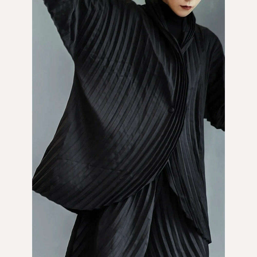 KIMLUD, Miyake Pleated Black Shirts For Women 2023 Summer Fashion Three Quarter Sleeve Lapel Single Button Loose Female Top, KIMLUD Women's Clothes