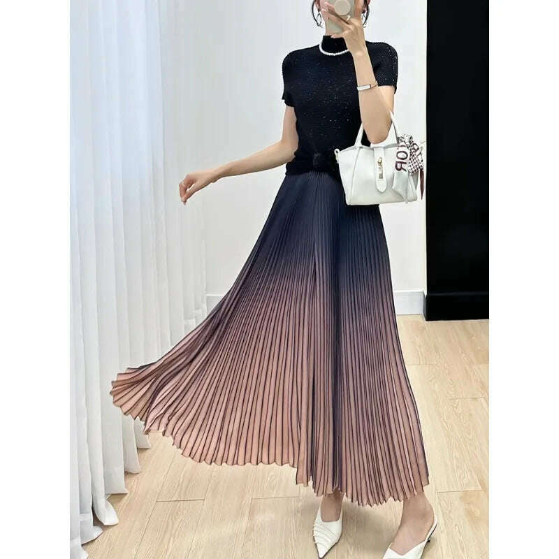KIMLUD, Miyake Pleated Pants for Women's 2024 Autumn New High End Gradient Color Loose Plus Size Slim Striped Wide Leg Pants, Brown / One Size, KIMLUD Women's Clothes