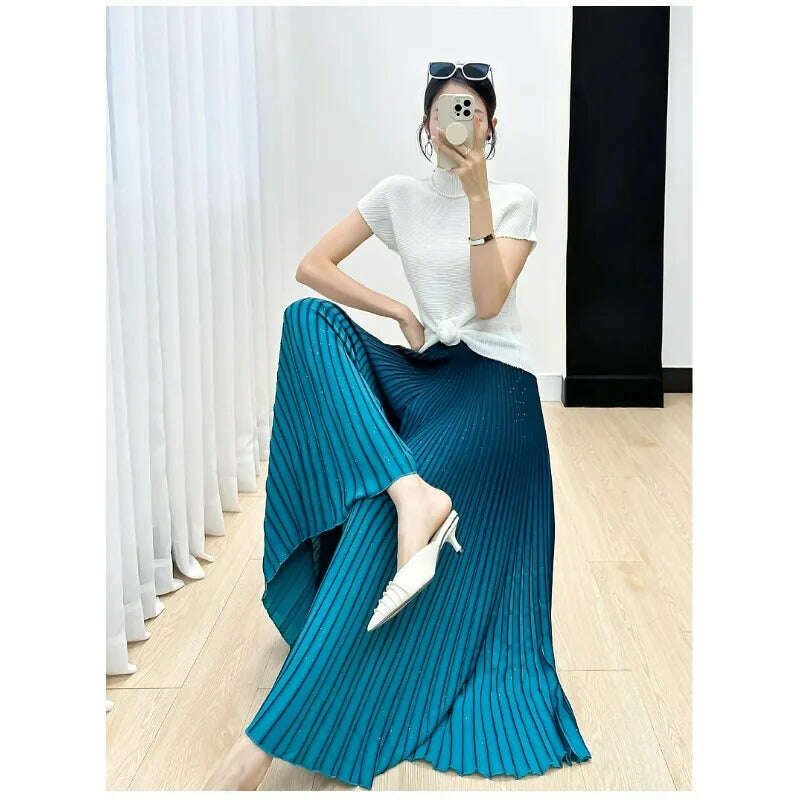 KIMLUD, Miyake Pleated Pants for Women's 2024 Autumn New High End Gradient Color Loose Plus Size Slim Striped Wide Leg Pants, KIMLUD Womens Clothes