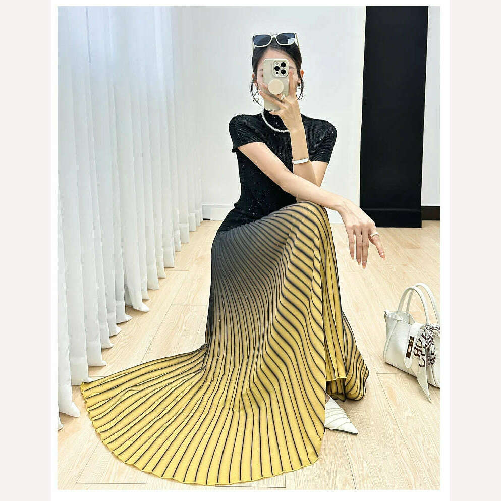 KIMLUD, Miyake Pleated Pants for Women's 2024 Autumn New High End Gradient Color Loose Plus Size Slim Striped Wide Leg Pants, KIMLUD Women's Clothes