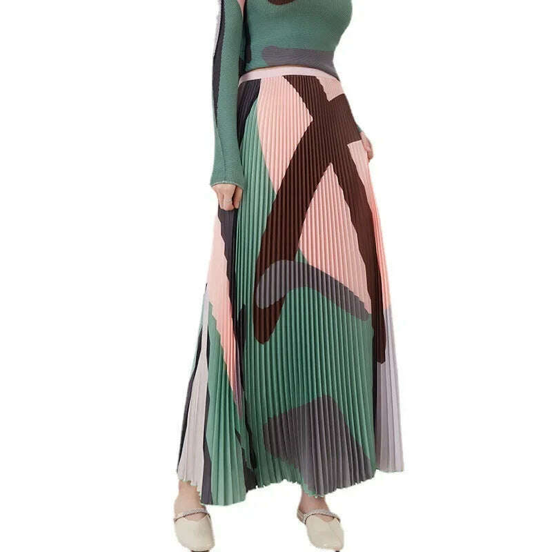 KIMLUD, Miyake Pleated Print Corn Grain Top Fashion Set Women's Spring and Autumn New Loose Pleated Half Skirt Two Piece Set, KIMLUD Womens Clothes