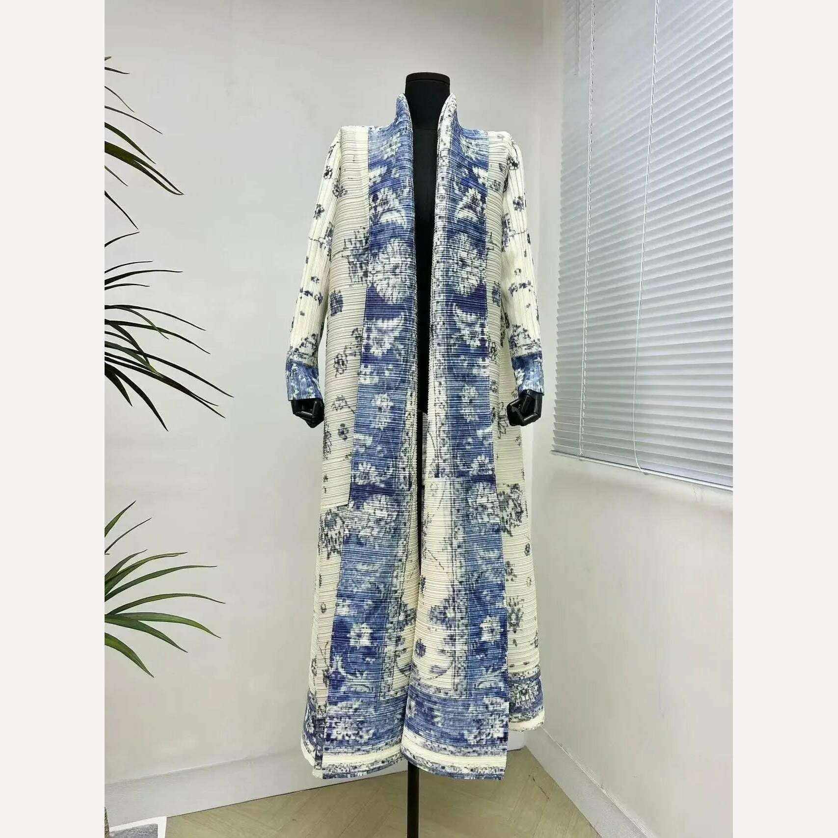 KIMLUD, Miyake Pleated Women's Long Cardigan Windbreaker Coat Autumn New Ethnic Style Printing Loose Plus Size Dress Cloak Robe, Brown / One Size, KIMLUD Women's Clothes