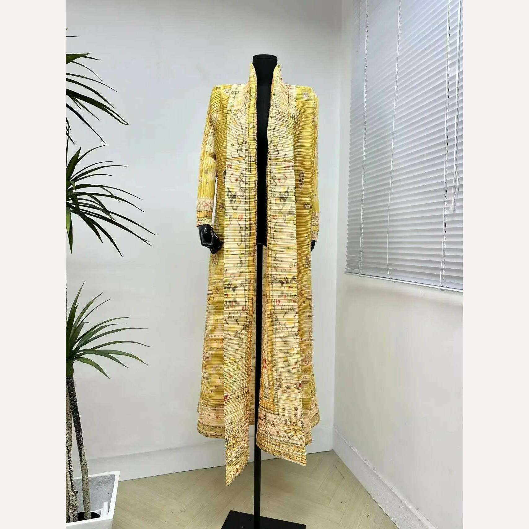 Miyake Pleated Women's Long Cardigan Windbreaker Coat Autumn New Ethnic Style Printing Loose Plus Size Dress Cloak Robe - KIMLUD