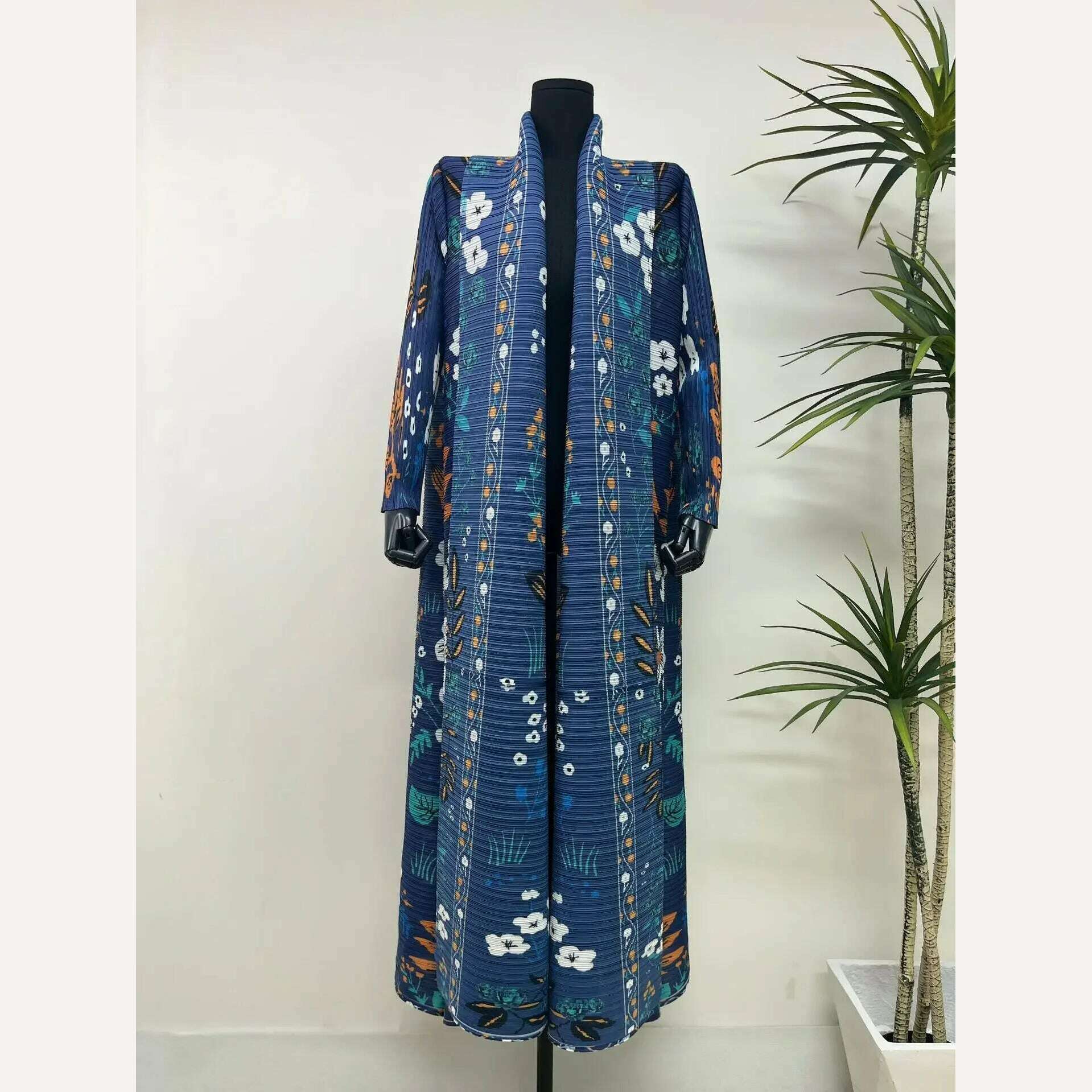 Miyake Pleated Women's Long Cardigan Windbreaker Coat Autumn New Ethnic Style Printing Loose Plus Size Dress Cloak Robe - KIMLUD