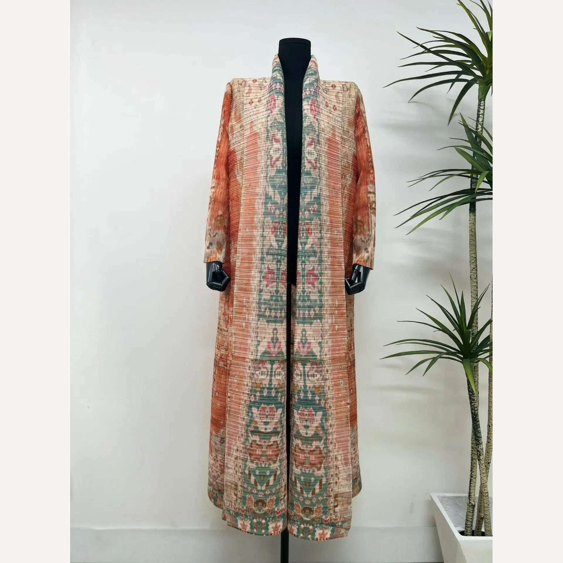 Miyake Pleated Women's Long Cardigan Windbreaker Coat Autumn New Ethnic Style Printing Loose Plus Size Dress Cloak Robe - KIMLUD