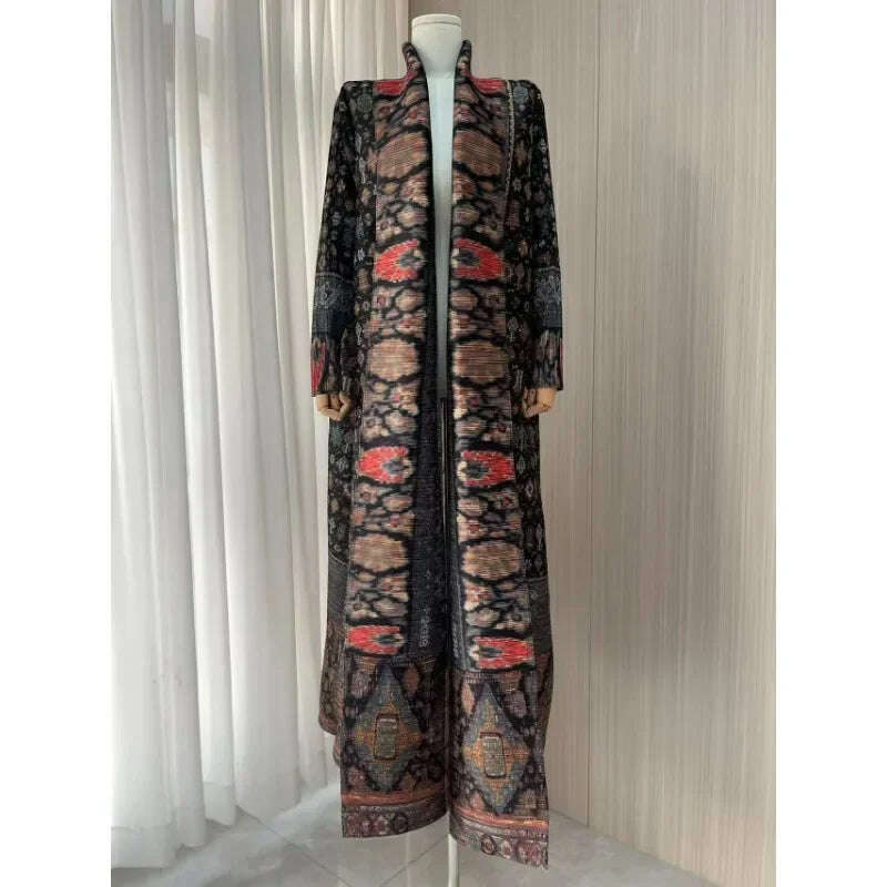 Miyake Pleated Women's Long Cardigan Windbreaker Coat Autumn New Ethnic Style Printing Loose Plus Size Dress Cloak Robe - KIMLUD