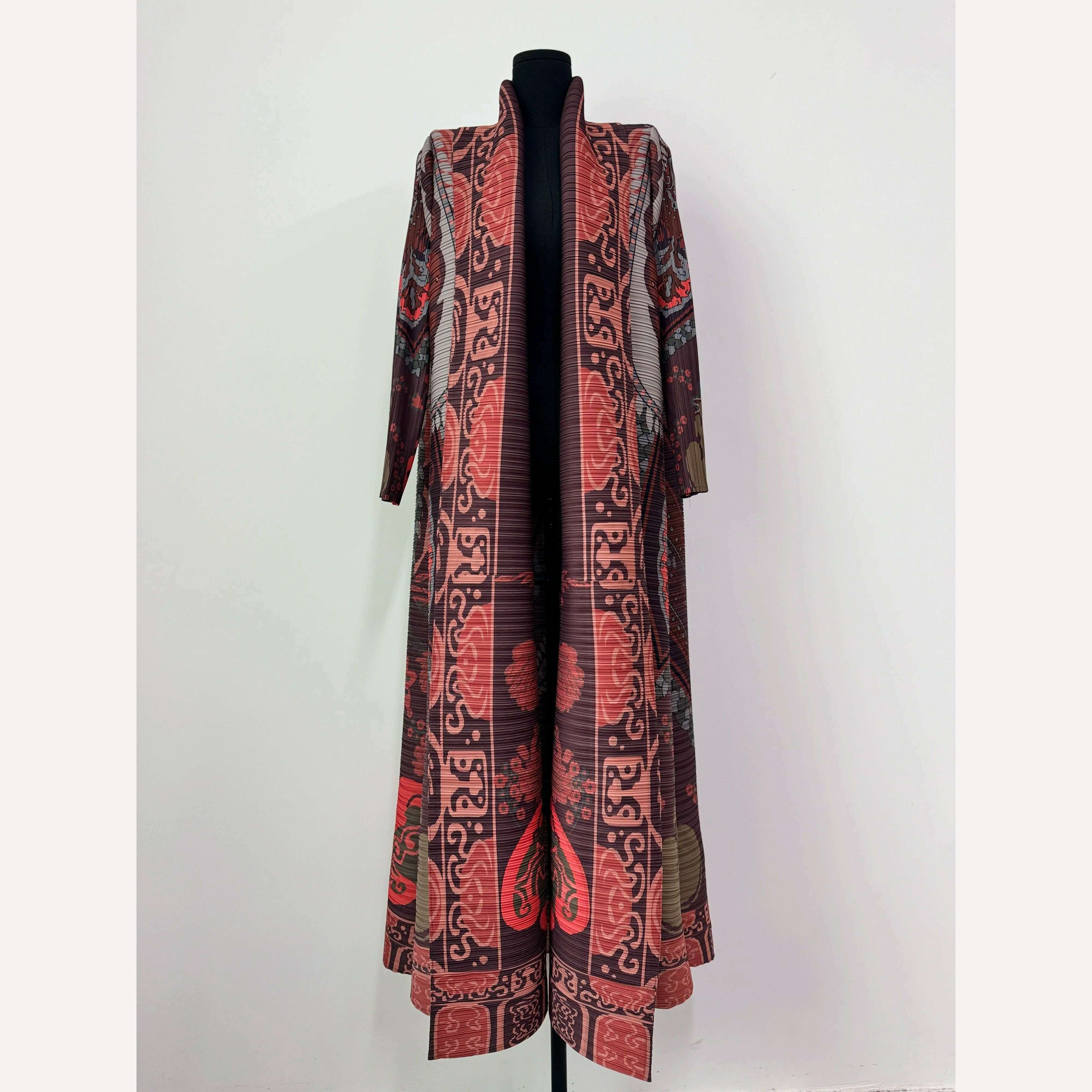 Miyake Pleated Women's Long Cardigan Windbreaker Coat Autumn New Ethnic Style Printing Loose Plus Size Dress Cloak Robe - KIMLUD