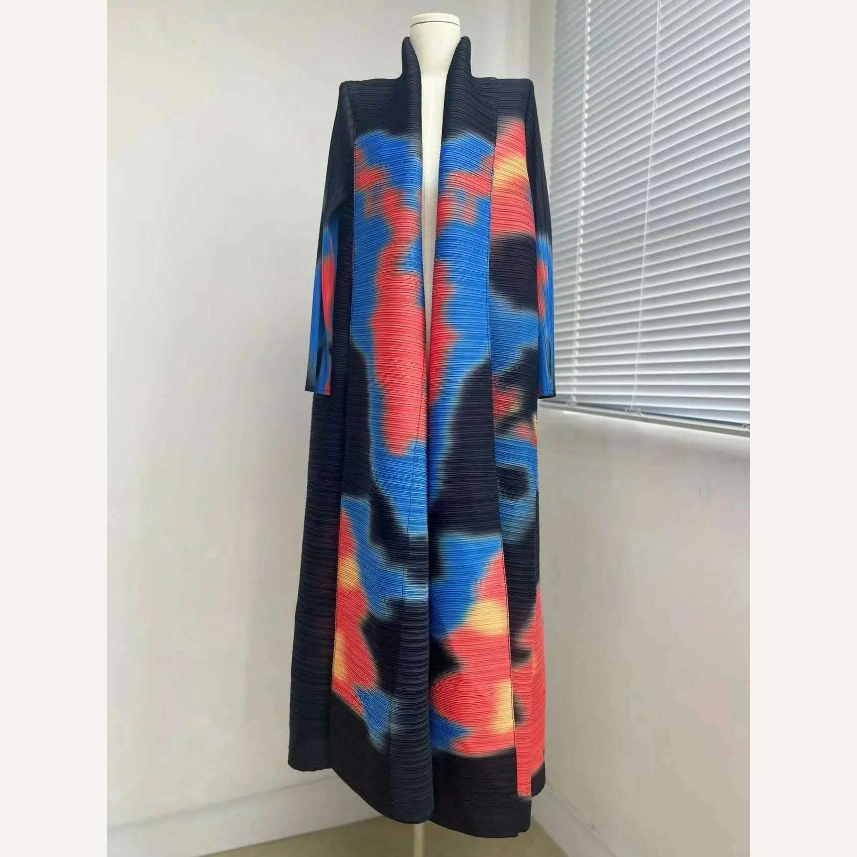 Miyake Pleated Women's Long Cardigan Windbreaker Coat Autumn New Ethnic Style Printing Loose Plus Size Dress Cloak Robe - KIMLUD