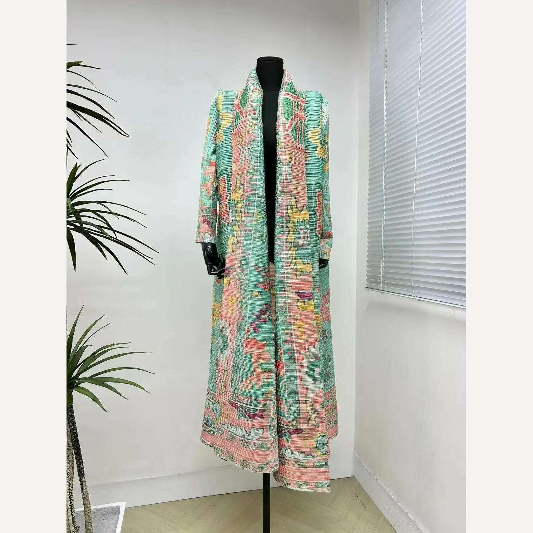 Miyake Pleated Women's Long Cardigan Windbreaker Coat Autumn New Ethnic Style Printing Loose Plus Size Dress Cloak Robe - KIMLUD