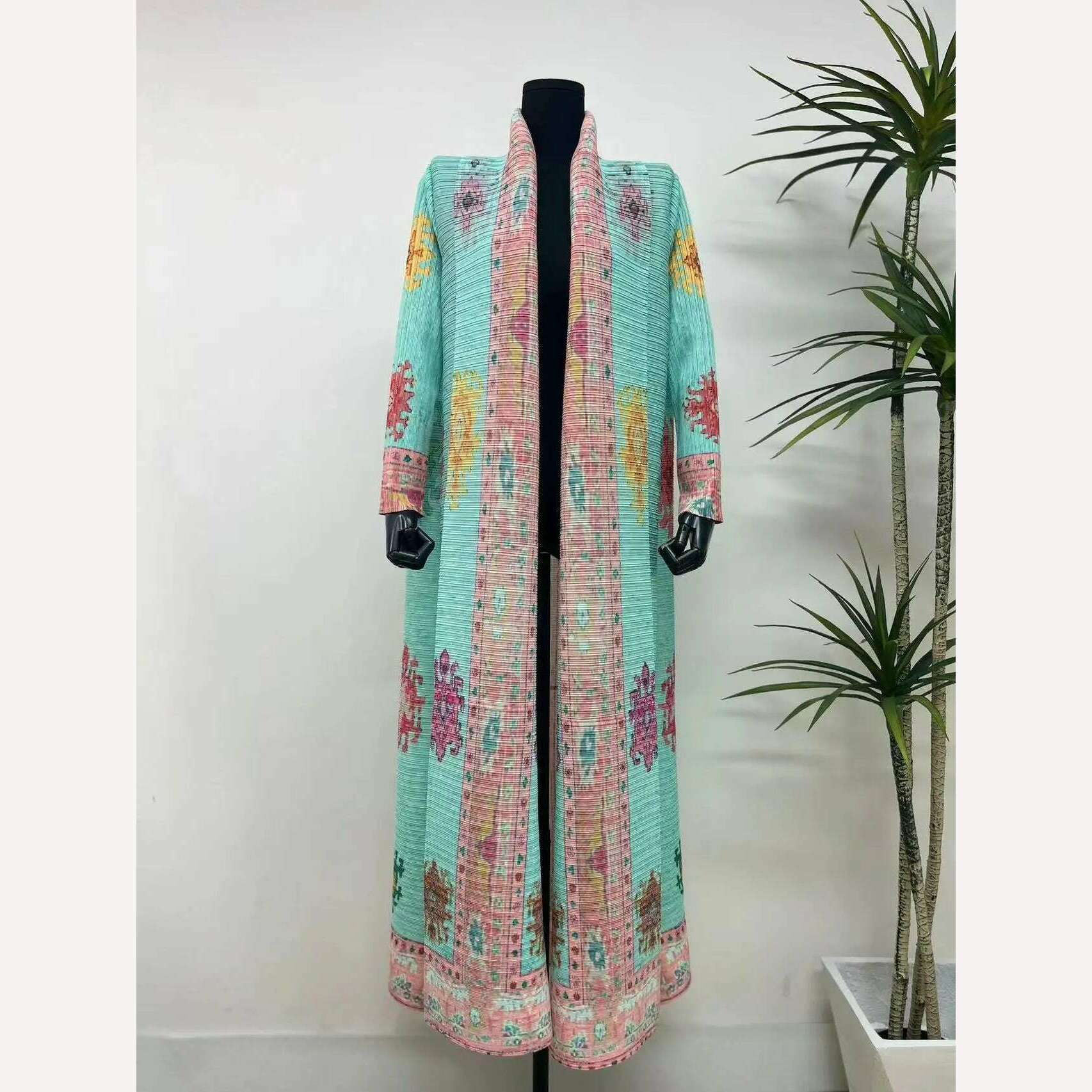 Miyake Pleated Women's Long Cardigan Windbreaker Coat Autumn New Ethnic Style Printing Loose Plus Size Dress Cloak Robe - KIMLUD