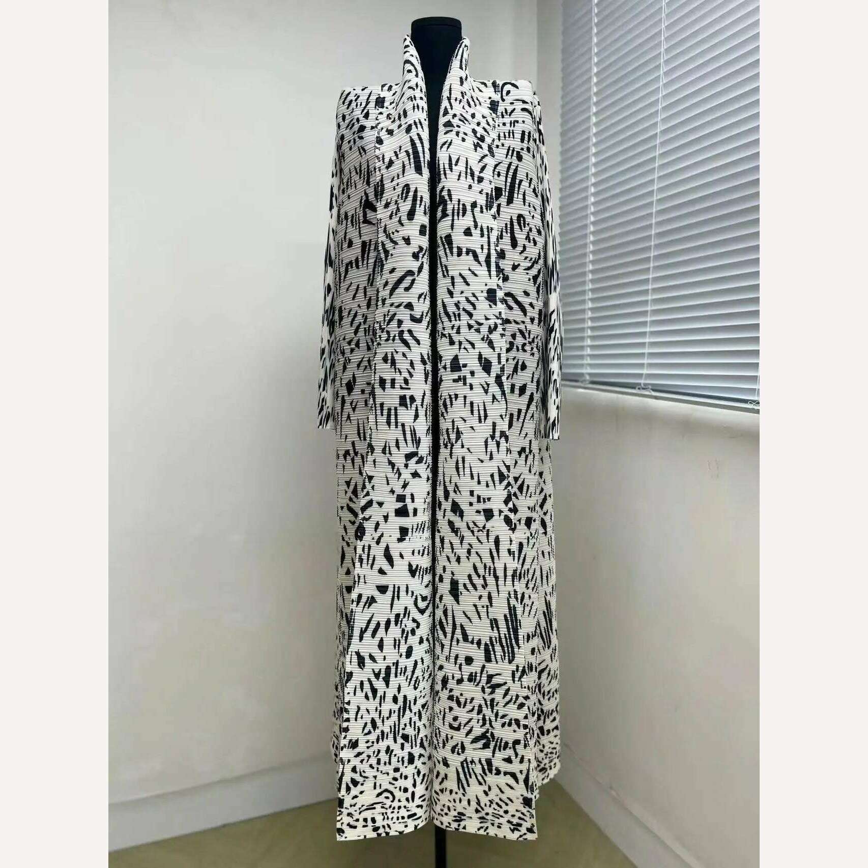 Miyake Pleated Women's Long Cardigan Windbreaker Coat Autumn New Ethnic Style Printing Loose Plus Size Dress Cloak Robe - KIMLUD