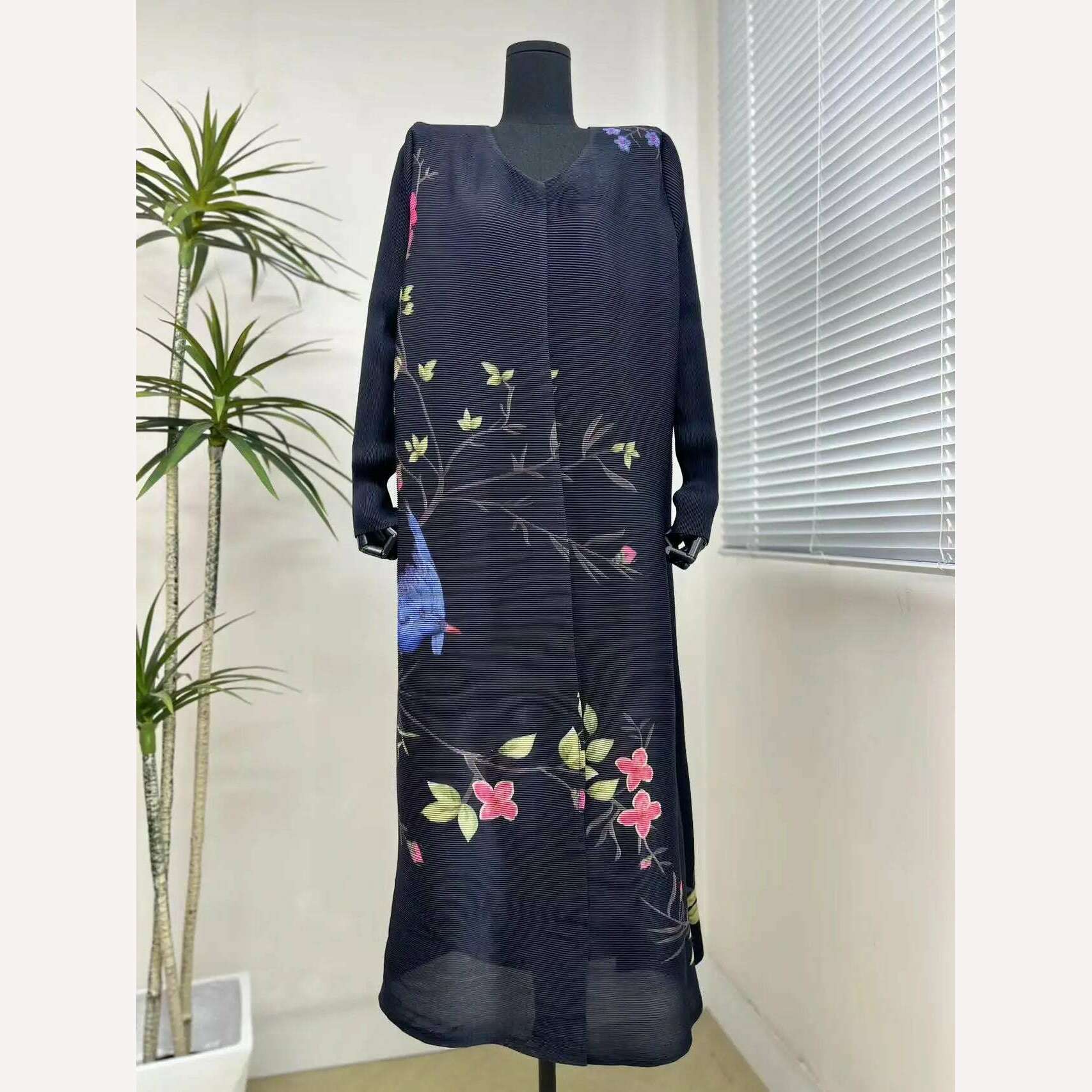 Miyake Pleated Women's Long Cardigan Windbreaker Coat Autumn New Ethnic Style Printing Loose Plus Size Dress Cloak Robe - KIMLUD