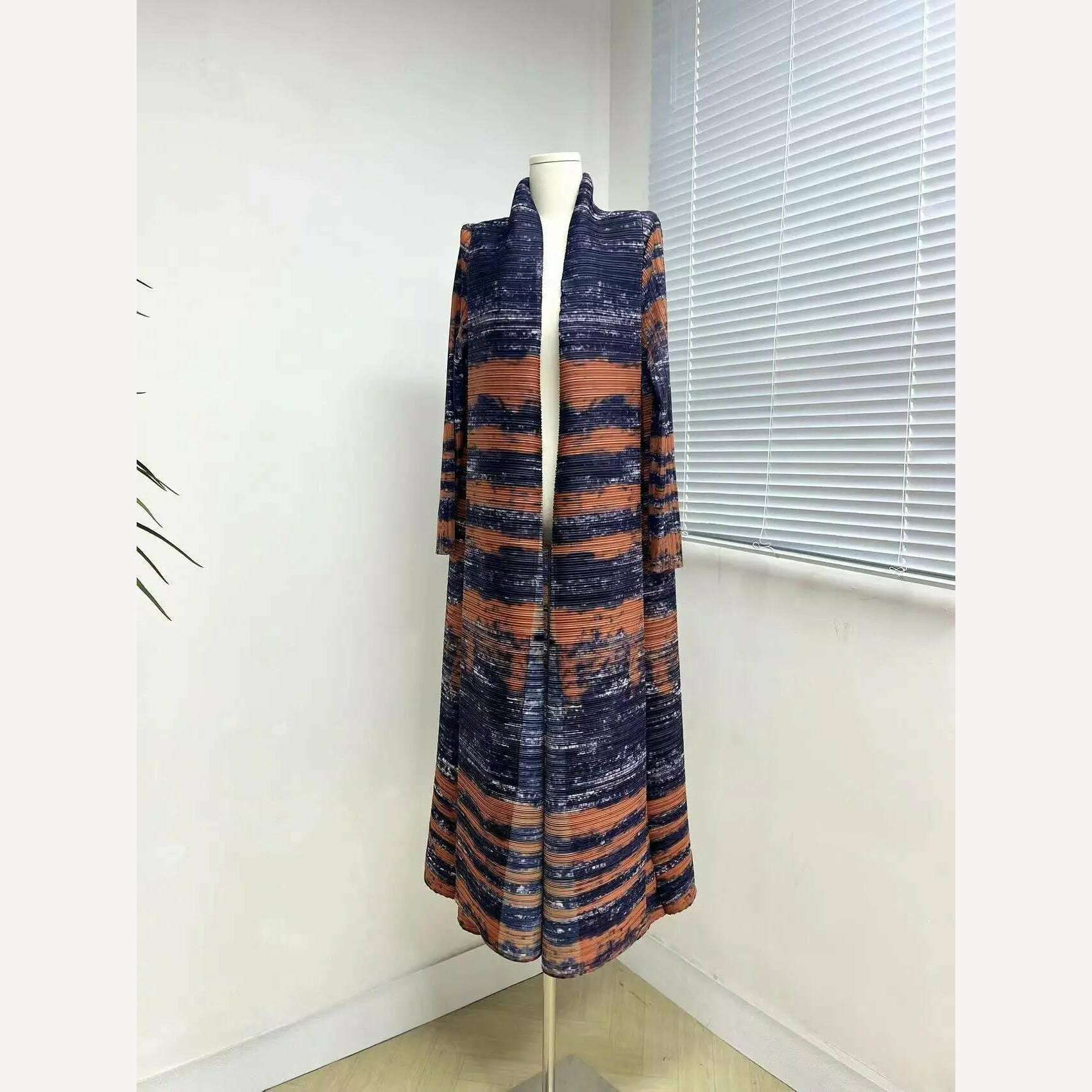 Miyake Pleated Women's Long Cardigan Windbreaker Coat Autumn New Ethnic Style Printing Loose Plus Size Dress Cloak Robe - KIMLUD