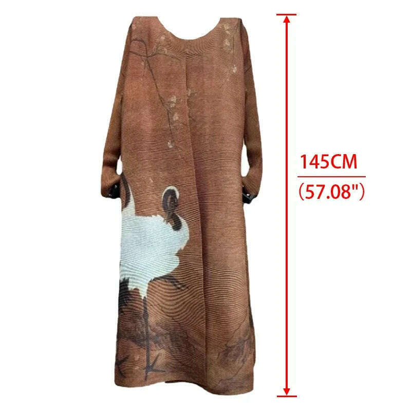 Miyake Pleated Women's Long Cardigan Windbreaker Coat Autumn New Ethnic Style Printing Loose Plus Size Dress Cloak Robe - KIMLUD