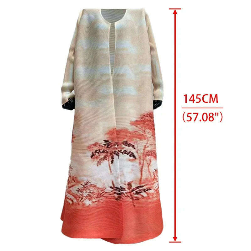 KIMLUD, Miyake Pleated Women's Long Cardigan Windbreaker Coat Autumn New Ethnic Style Printing Loose Plus Size Dress Cloak Robe, Red / One Size, KIMLUD Womens Clothes