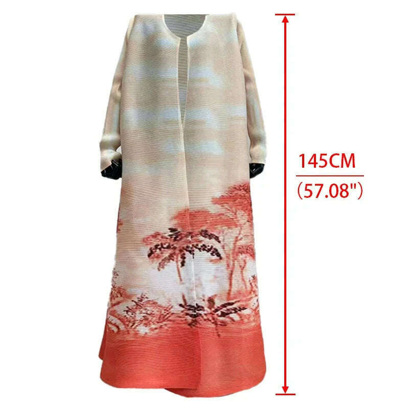 Miyake Pleated Women's Long Cardigan Windbreaker Coat Autumn New Ethnic Style Printing Loose Plus Size Dress Cloak Robe - KIMLUD