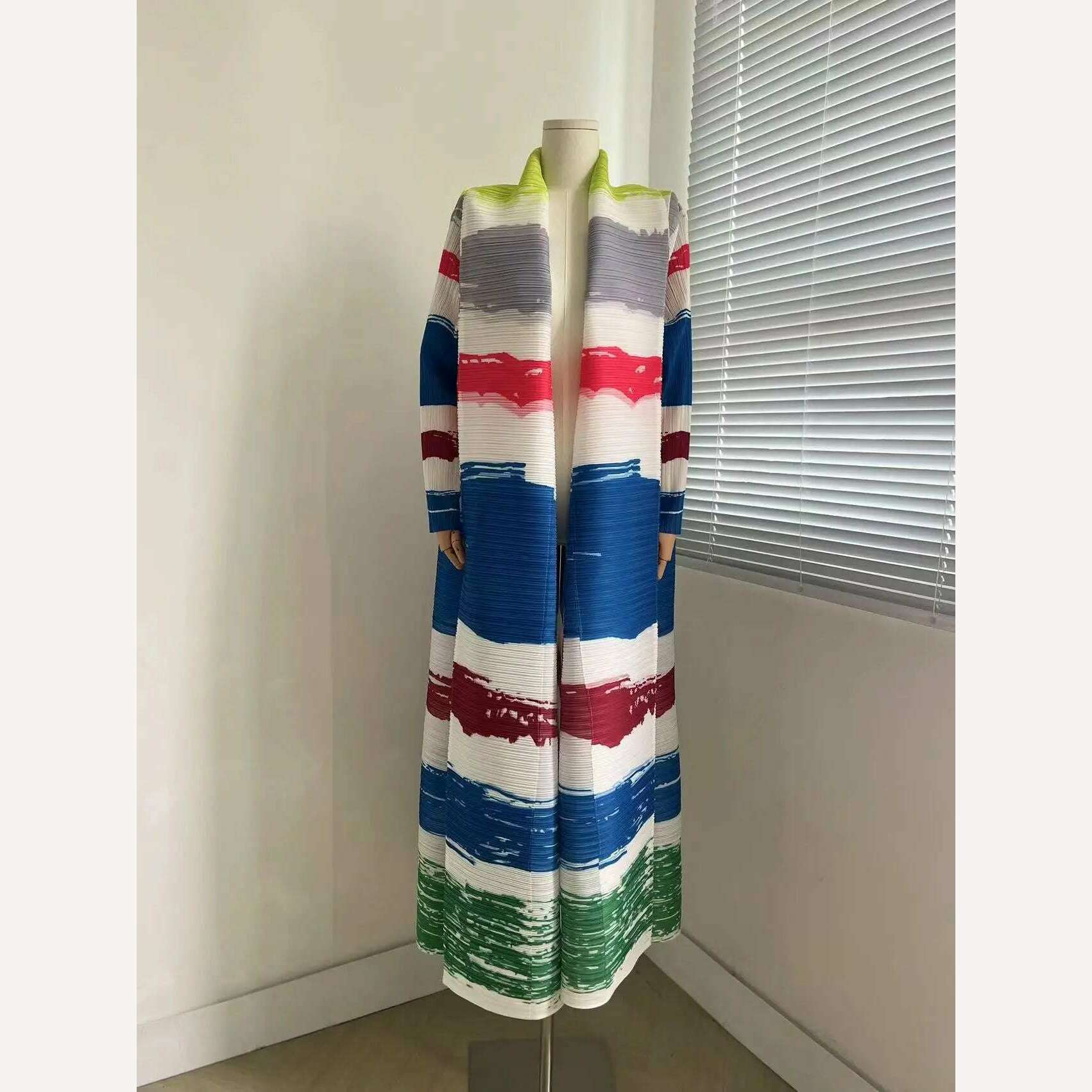 Miyake Pleated Women's Long Cardigan Windbreaker Coat Autumn New Ethnic Style Printing Loose Plus Size Dress Cloak Robe - KIMLUD