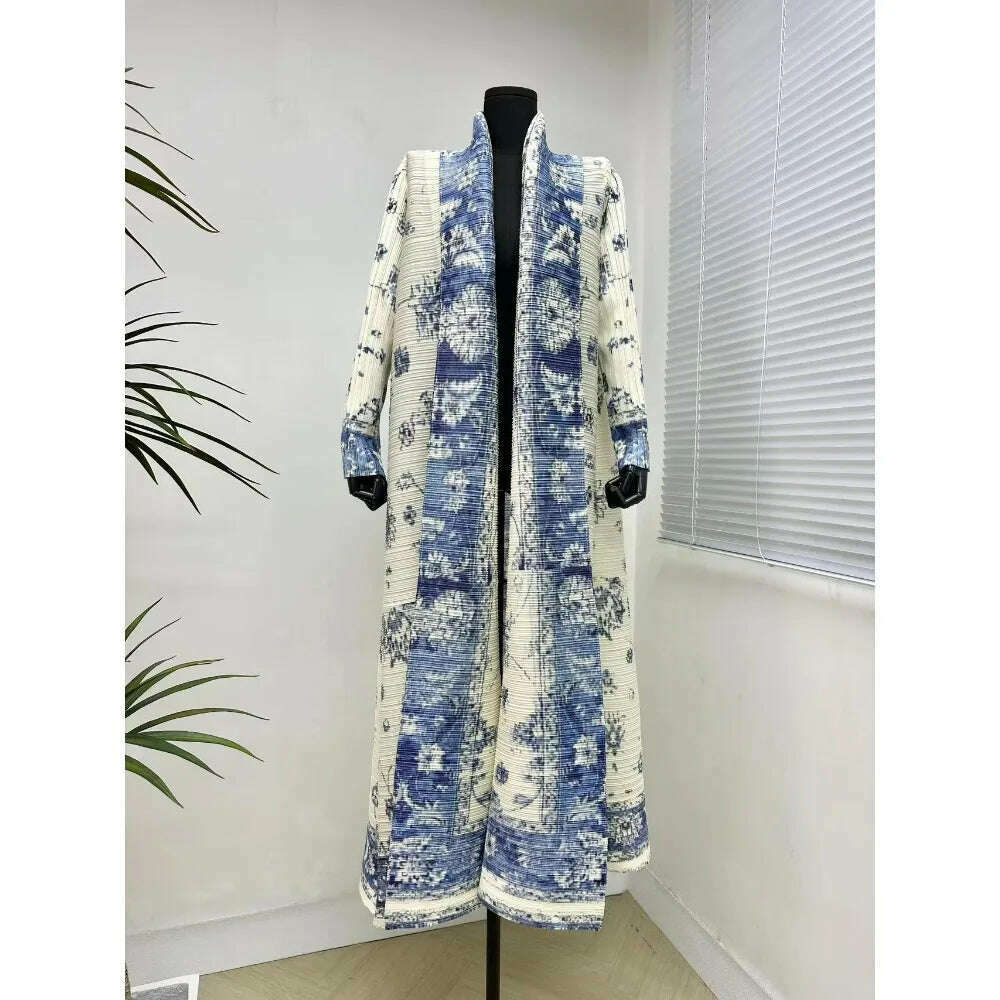 KIMLUD, Miyake Pleated Women's Long Cardigan Windbreaker Coat Autumn New Ethnic Style Printing Loose Plus Size Dress Cloak Robe, KIMLUD Womens Clothes