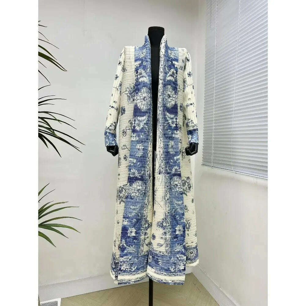 Miyake Pleated Women's Long Cardigan Windbreaker Coat Autumn New Ethnic Style Printing Loose Plus Size Dress Cloak Robe - KIMLUD