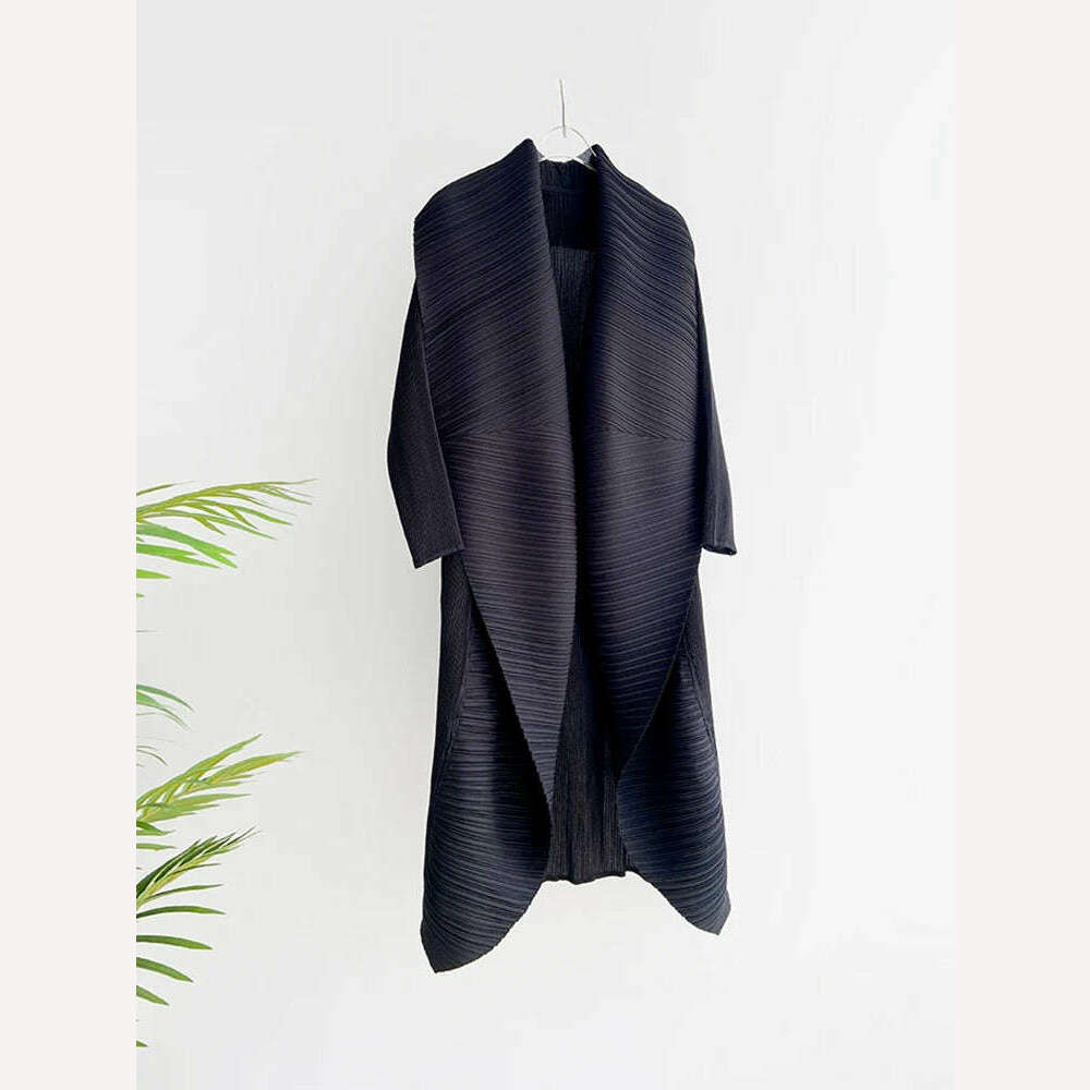 KIMLUD, Miyake Pleated Women's Long Jacket 2023 Winter Turn-down Collar Pen Stitch Long Sleeve Windbreaker Loose Oversize Cardigan Coats, KIMLUD Womens Clothes