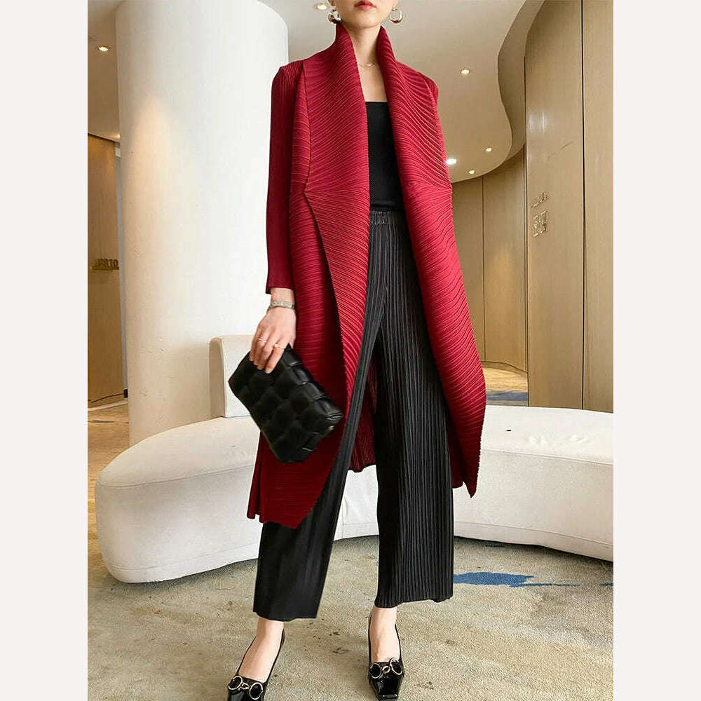 KIMLUD, Miyake Pleated Women's Long Jacket 2023 Winter Turn-down Collar Pen Stitch Long Sleeve Windbreaker Loose Oversize Cardigan Coats, KIMLUD Womens Clothes