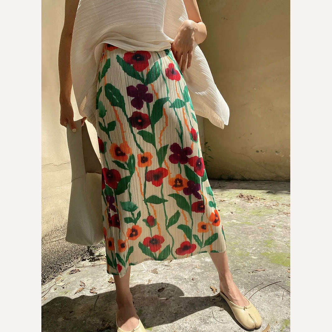 KIMLUD, Miyake Pleats Flower Printed Skirt High Waist Slit Straight Women 2023 Spring Summer New Korean Fashion Causal Designer Clothes, KIMLUD Women's Clothes