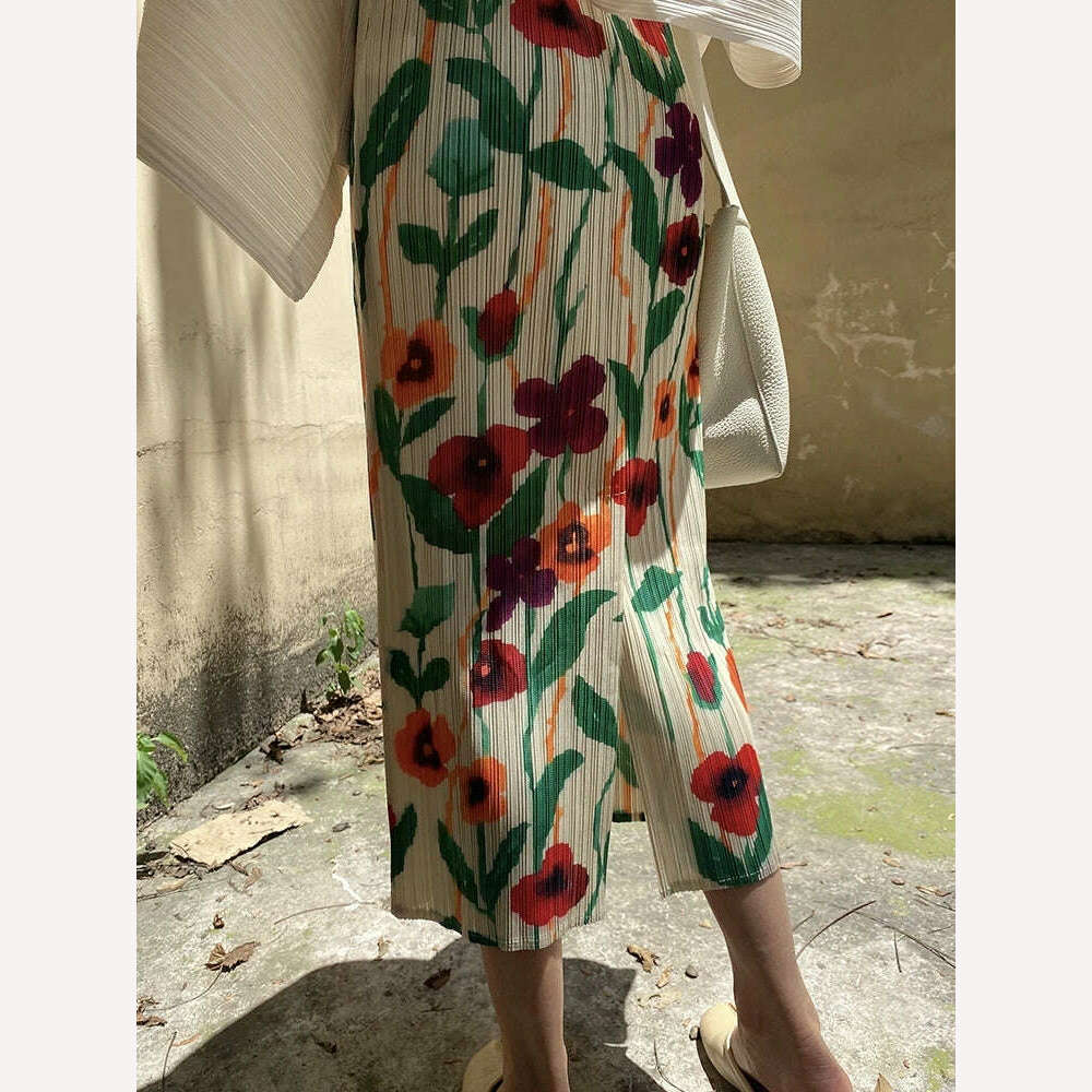 KIMLUD, Miyake Pleats Flower Printed Skirt High Waist Slit Straight Women 2023 Spring Summer New Korean Fashion Causal Designer Clothes, KIMLUD Women's Clothes