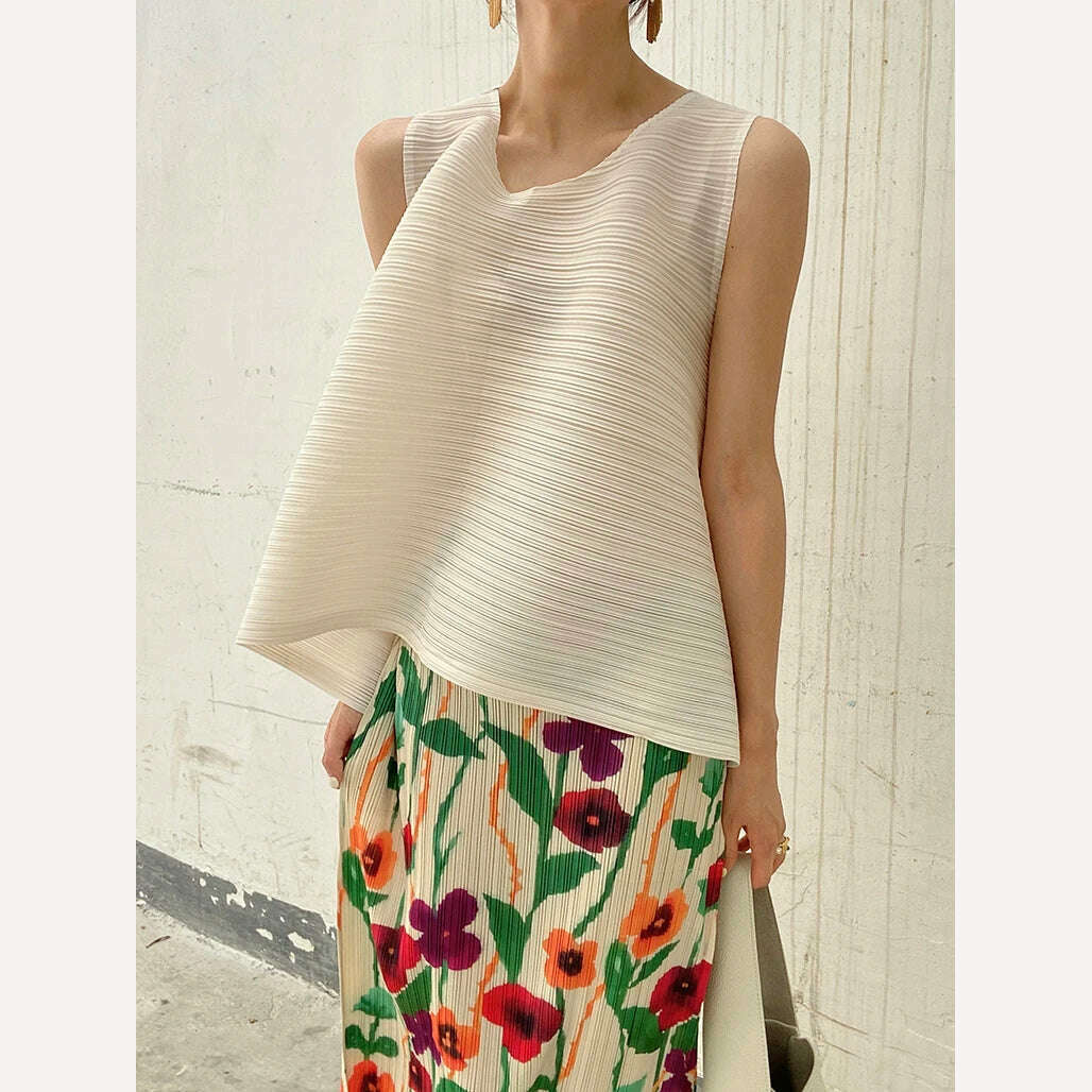 KIMLUD, Miyake Pleats Flower Printed Skirt High Waist Slit Straight Women 2023 Spring Summer New Korean Fashion Causal Designer Clothes, Apricot Vest / One Size, KIMLUD Womens Clothes