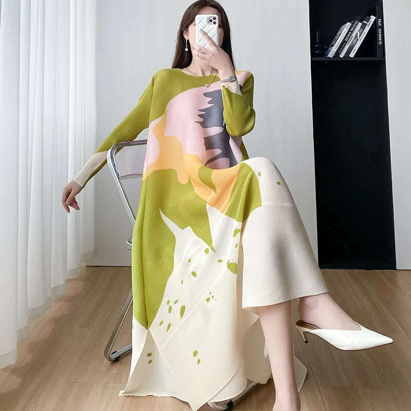 KIMLUD, Miyake Style Pleated Women Dress 2023 Summer Fashion Print Round Neck Loose Plus Size Casual A- Line Luxury New Evening Dresses, KIMLUD Women's Clothes