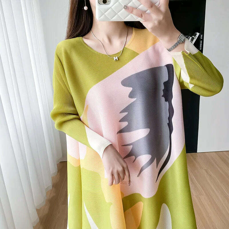 KIMLUD, Miyake Style Pleated Women Dress 2023 Summer Fashion Print Round Neck Loose Plus Size Casual A- Line Luxury New Evening Dresses, KIMLUD Womens Clothes