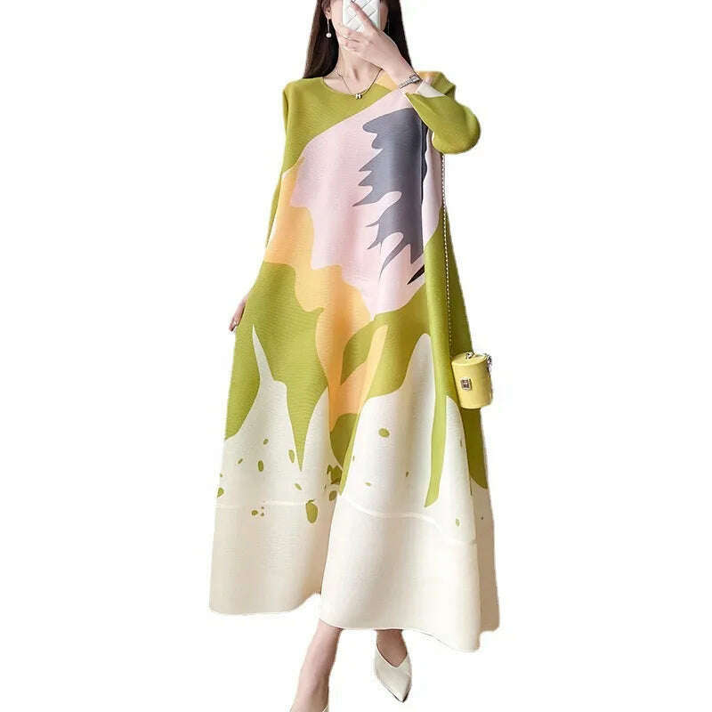 KIMLUD, Miyake Style Pleated Women Dress 2023 Summer Fashion Print Round Neck Loose Plus Size Casual A- Line Luxury New Evening Dresses, KIMLUD Womens Clothes