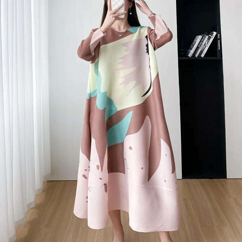 KIMLUD, Miyake Style Pleated Women Dress 2023 Summer Fashion Print Round Neck Loose Plus Size Casual A- Line Luxury New Evening Dresses, coffee / One Size, KIMLUD Womens Clothes