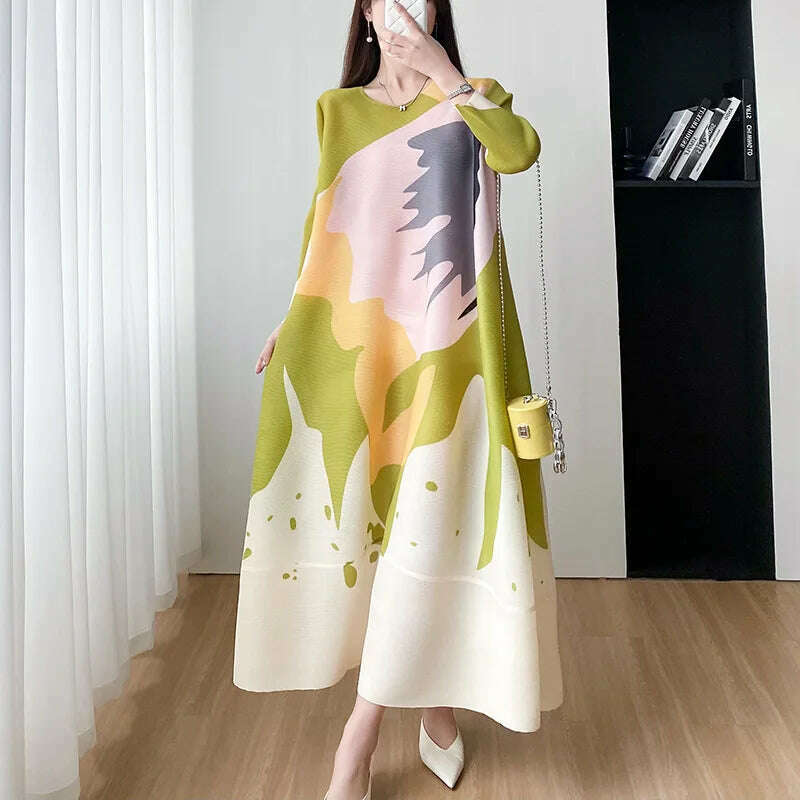 KIMLUD, Miyake Style Pleated Women Dress 2023 Summer Fashion Print Round Neck Loose Plus Size Casual A- Line Luxury New Evening Dresses, KIMLUD Womens Clothes