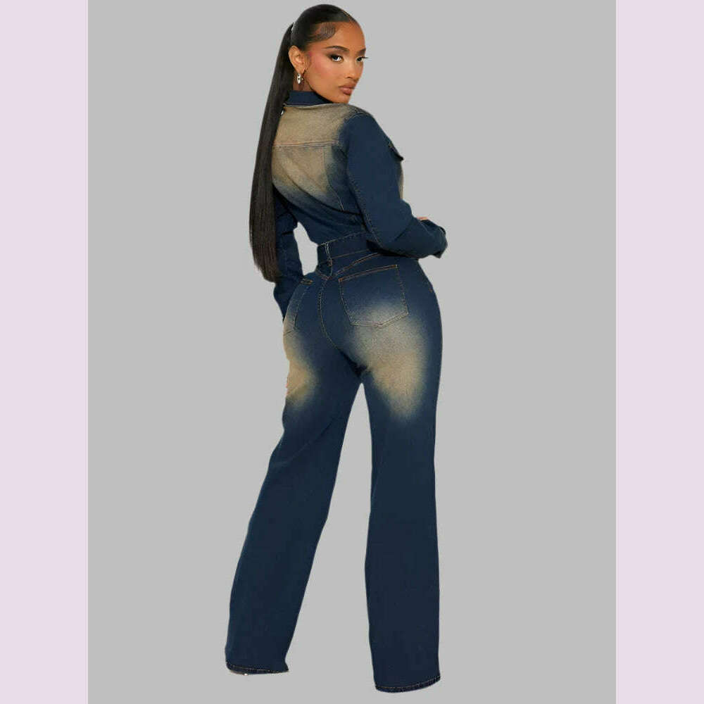 Mlaiscsr Stretch Denim One Piece Jumpsuits with Belt Women Clothes Winter Long Sleeve Lapel Washed Jean Romper Birthday Overalls - KIMLUD